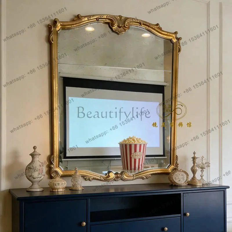

French wall hanging vintage light luxury carved makeup mirror American living room fireplace decorative mirror