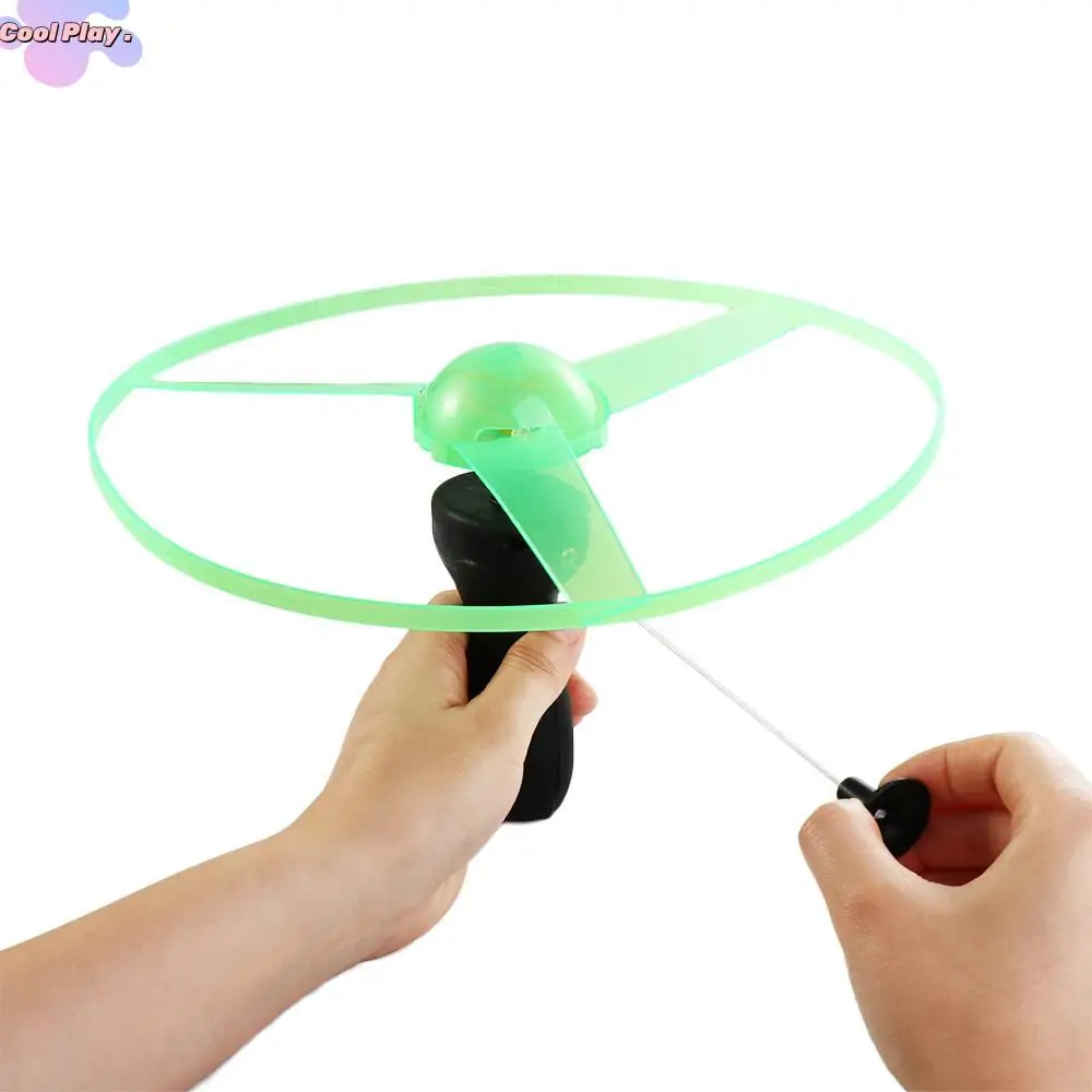 Luz helicóptero brinquedos luminoso rotativo aeronaves puxar corda voando ufo hélice helicóptero brinquedos girando topo led voando ufo