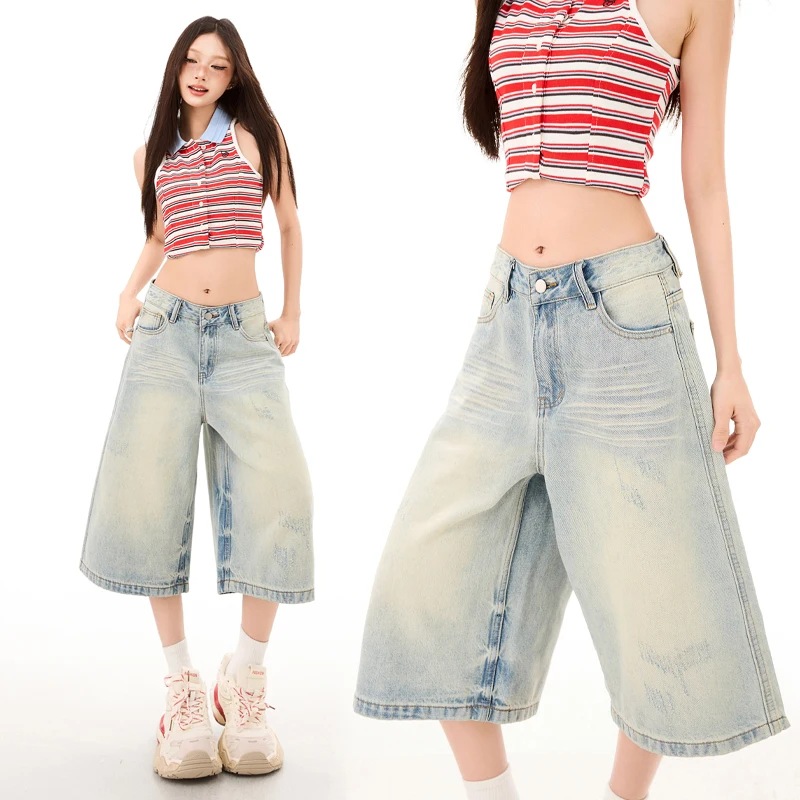 2026 Summer New American Washed Retro Loose Summer Versatile Relaxation Cropped Jeans Women Y2K high street girls college jeans