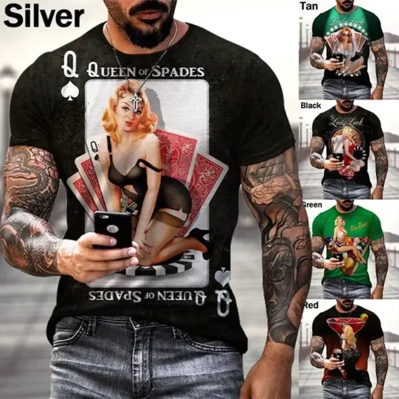 New Hot Fashion Oversized New American Retro 3D Printed T-shirt Trend Men's Clothing Poker Sexy Girls Graphic Round Neck T-shirt