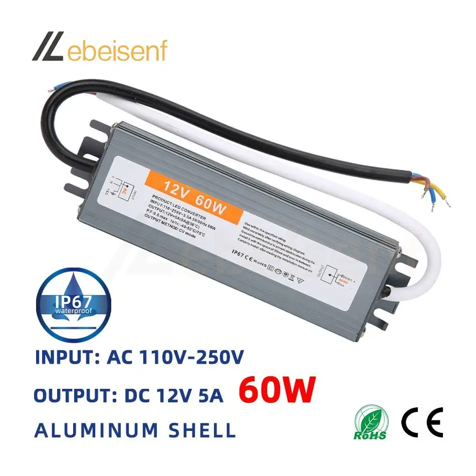 12V 60W 5A Switch Power Supply Waterproof IP67 Aluminum Shell Outdoor 110-250V AC to DC LED Driven Transformer Voltage Converter