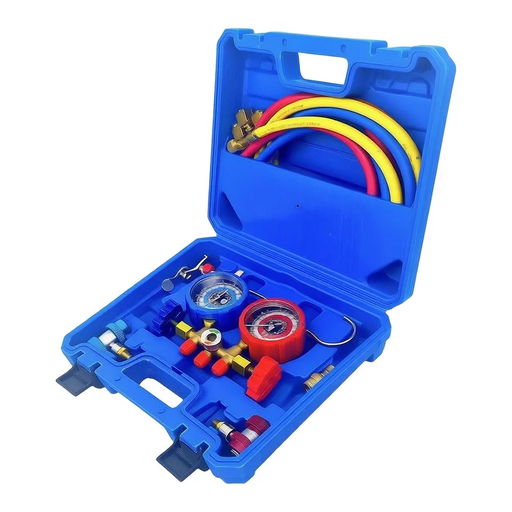 3 Way HVAC Manifold Gauge Kit with Moisture Indicator Calibration Window and Tap Adapter for R410A R22 R404A 3