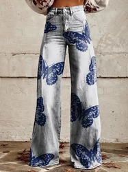 Młodzieżowe spodnie damskie Butterfly Micro Flared Pants 3D Printed Jeans Fashion New Retro Flower Pattern Damskie spodnie rozkloszowane z szeroką nogawką