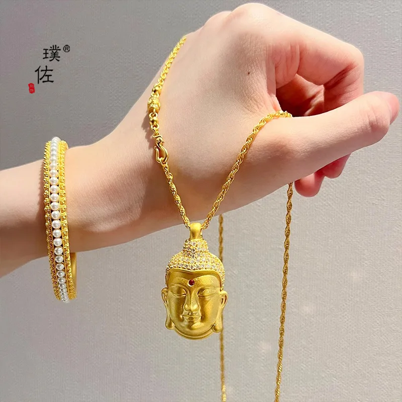 Viora Jewelry gold Store 9999 24K real gold diy Diamond-encrusted Buddha Head Pendant Necklace Buddha Light Luxury Jewelry