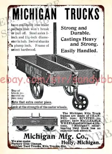 1907 Trucks woodworking masonry tools metal tin sign garage cabinets