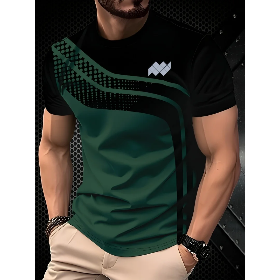 

Fashion Men's T-Shirt Geometric Stripe Print Short Sleeve T-Shirt Trendy Round Neck Top Summer Men Street Casual Sport Clothing