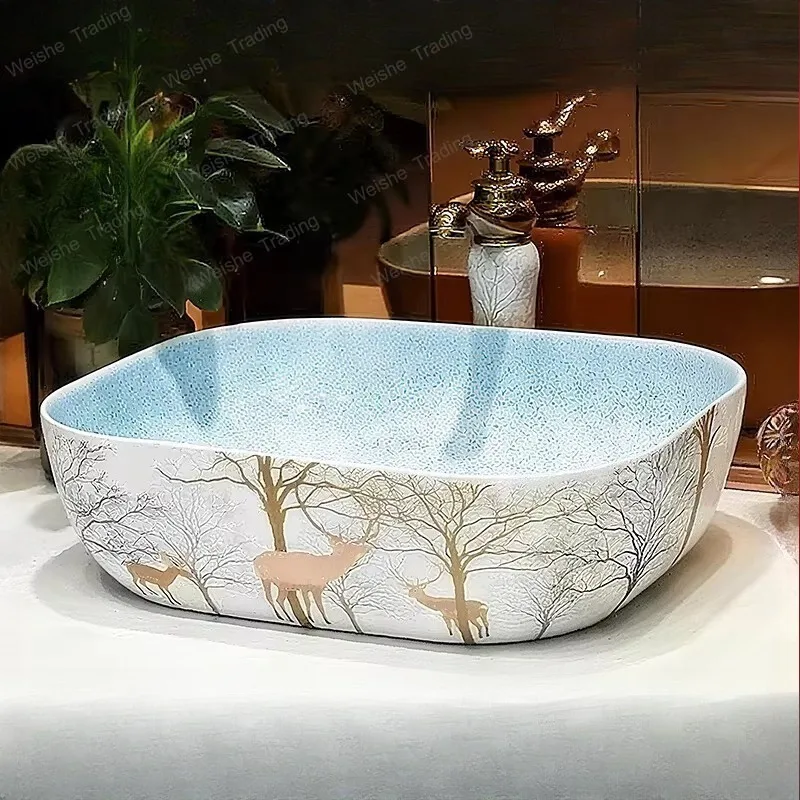 Retro countertop basin Square ceramic art countertop basin Household bathroom wash basin