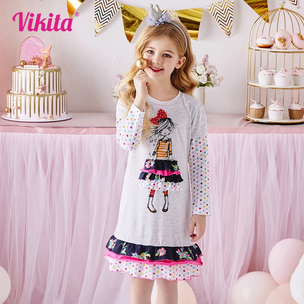 

VIKITA Girls Cotton Casual Dress Kids Long Sleeve Autumn Spring Dresses Girls Doll Cartoon Appliqued Straight Polka Dot Dresses