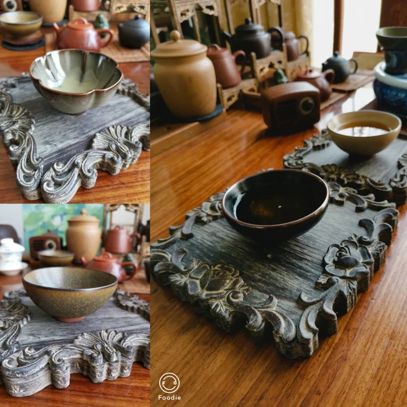 European French Tea Tray, Solid Wood Decorative Tray with Carved Patterns, Scald-Resistant Meal Mat for Elegant Dining