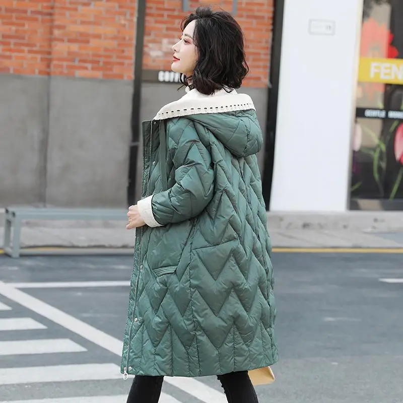 

Casual White Du down Knitted Jaet Mid-Length Women's Coat Warmth Large Size Non-Detachable Hood Straight Tube Sle