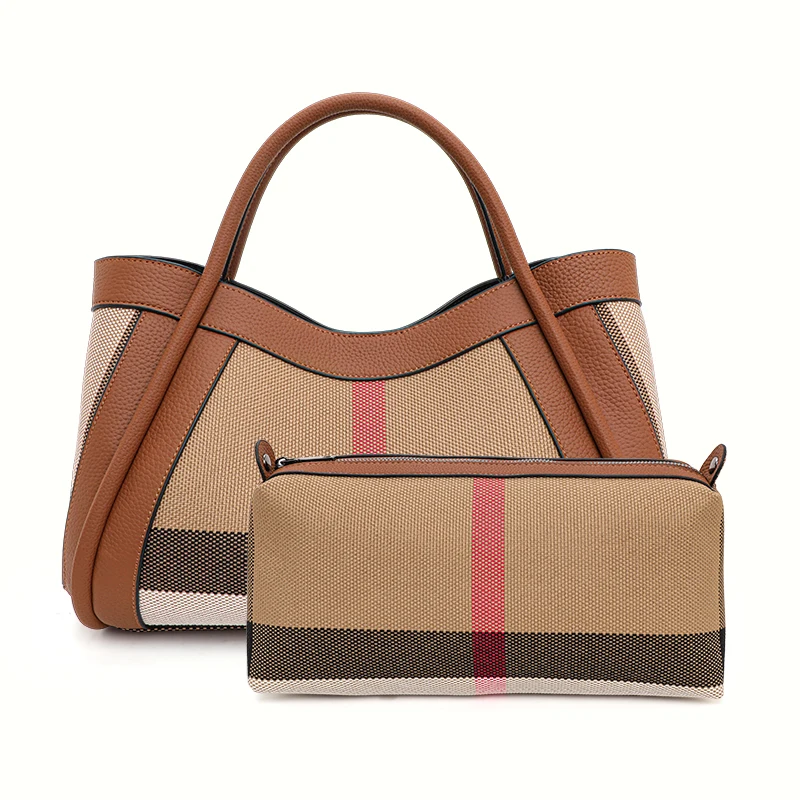 2026 New Retro Checkered Women Handbag Canvas Leather Splicing Large Capacity Tote Bag Multifunctional Shoulder Crossbody Bag fo