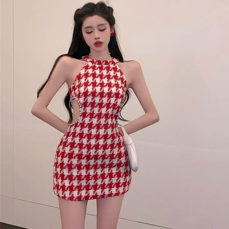 Sexy Mini Dresses Women Hollow Out Sleeveless Tender Bird Lattice Chic French Style Summer Fashion All-match Club Mujer Slim New