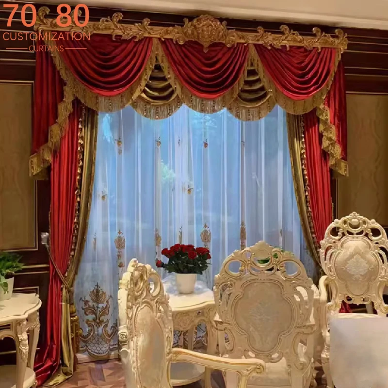 Gold Red Embroidered Window Screen Velvet Splicing Thickened Curtains for Living Room Bedroom French Balcony Villa Valance