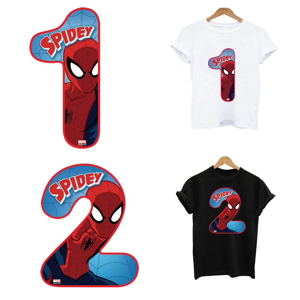 

2Pcs/Lot Number Spider-Man Iron On Adhesive Thermo Patches Heat Thermal Transfer T Shirt Stickers For Children's Clothing Kids