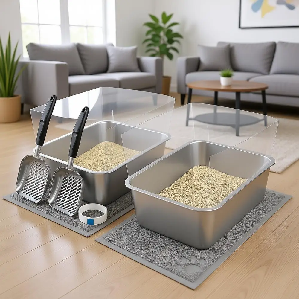 

Набор: лоток для кошек из нержавеющей стали – 17.7x13.8x5.9 дюймов, с высокими бортами, совок, коврики для нескольких кошек, легко чистится