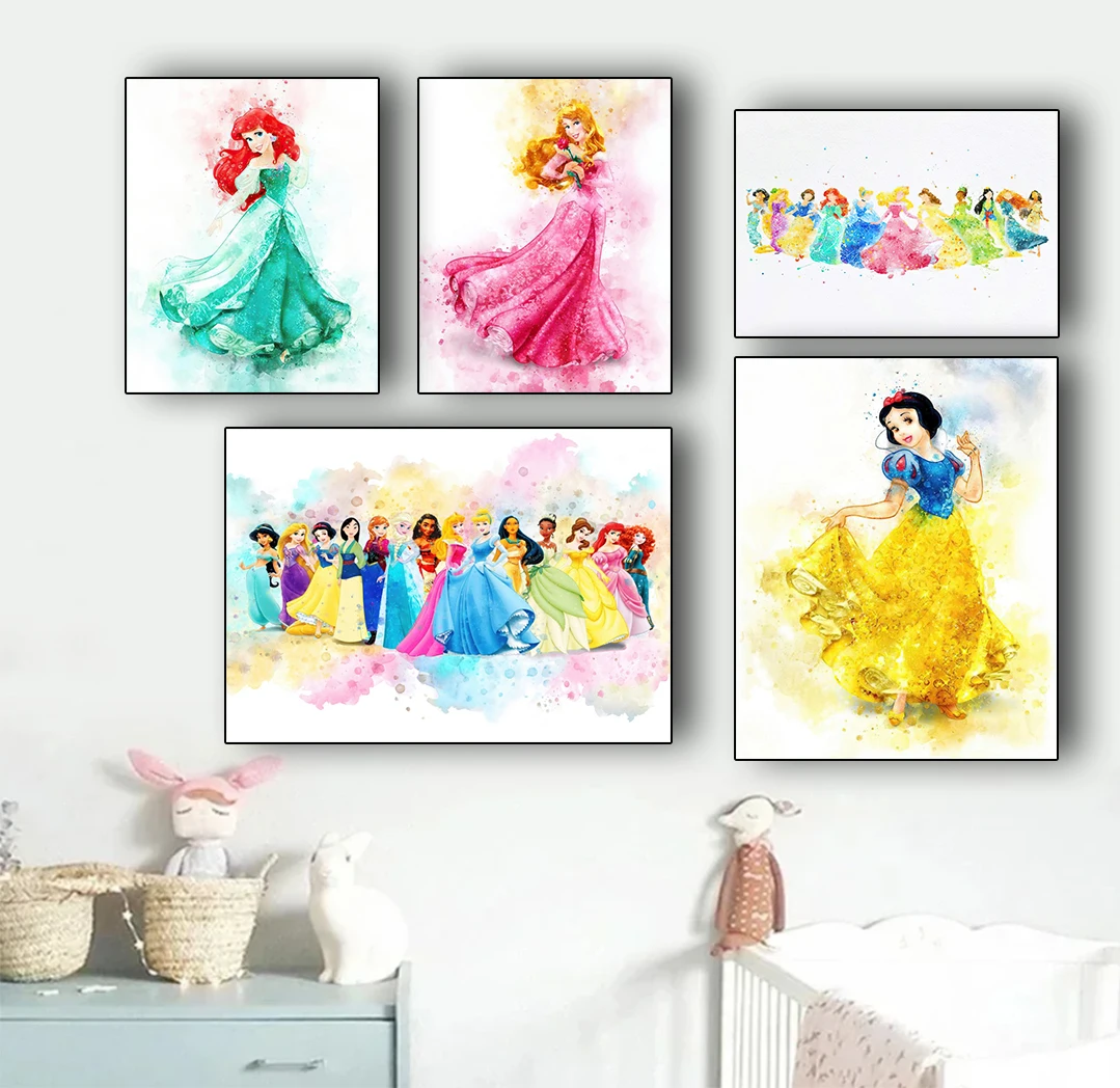   ديزني شخصية كرتونية الجدار ملصق فني سنو وايت الأميرة إلسا ديكور المنزل غرفة المعيشة الفتيات غرفة قماش اللوحة هدية