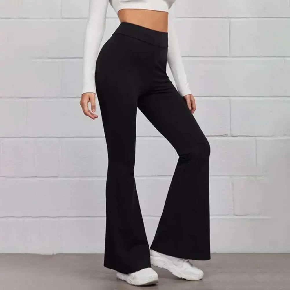 

High-Waist Elastic Waistband Control Tummy Lady Trousers Women Solid Color Sports Flared Pants Ladies Career Long Trousers