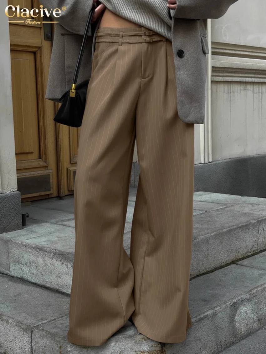 Clacive Fashion Loose Gray Stripe Women\'s Pants 2025 Elegant High Waist Wide Trousers Vintage Classic Full Length Pants Female