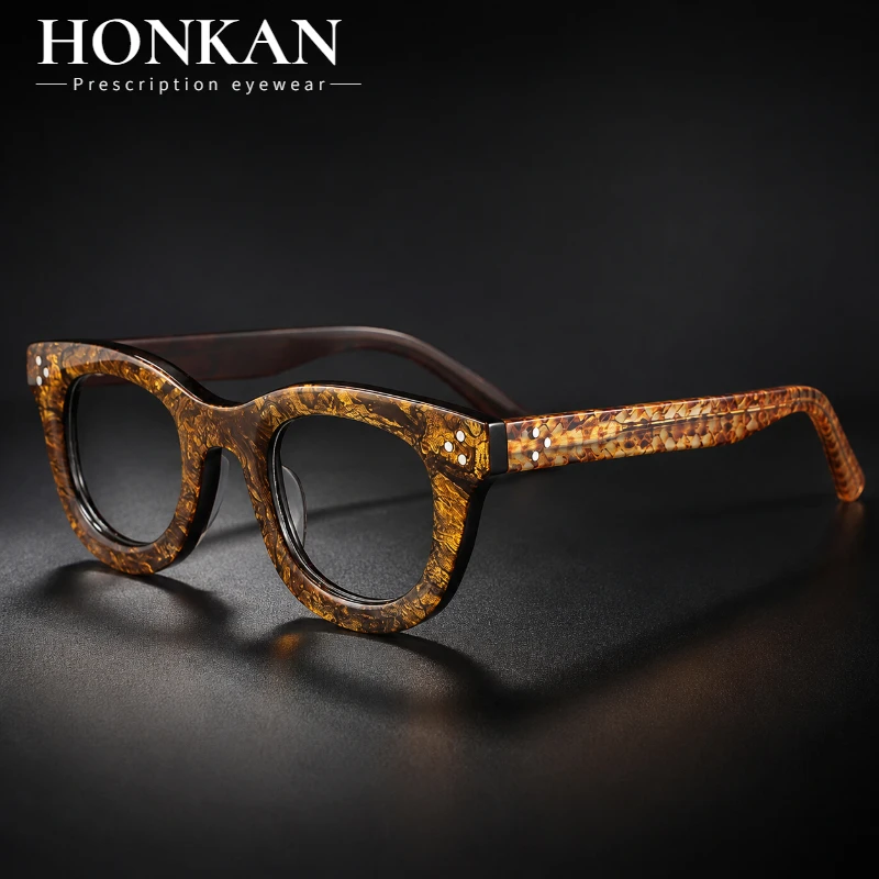 HONKAN Luxury Acetate Glasses Frame for Women Vintage Round Optical Eyeglasses Custom Prescription Rivet Design Spec