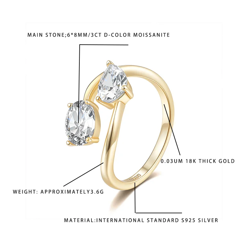 

3CT D-Color Moissanite Double-Stone Ring, S925 Silver Plated 0.03UM 18K Gold, 6*8MM Teardrop & Oval Stones, Modern Twisted Band