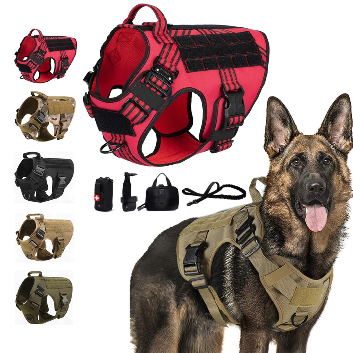 Military MOLLE Tactical Dog Harness Leash Set Metal Buckle Pet Training Vest for Big Dogs German Shepherd Malinois Labrador