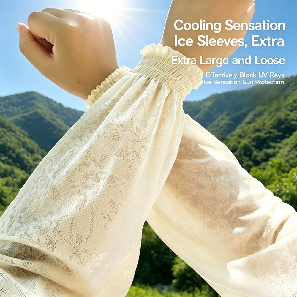 Womens Summer Ice Silk Arm Sleeves Gentle Fairy Style Lace Straight-Cut Sun Protection Arm Sleeves Thin UV Protection