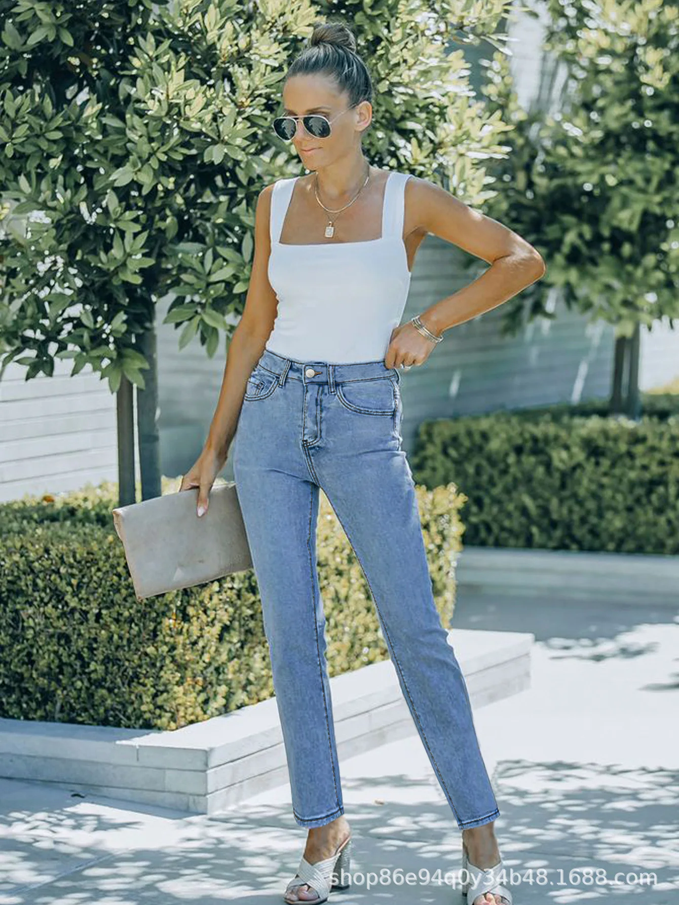 Four Seasons Light Blue Casual Straight-leg Jeans,new Fashionable, Simple, Versatile and Elastic Cigarette Tube Pants for Women