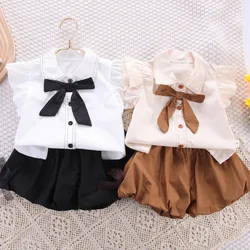 Kid Girl Clothes Set Ruffle Sleeve Girl Shirt Short Pant 2Pcs Suit Summer Fashiong Sweet Bow Children Clothing Baby Outfit A1211