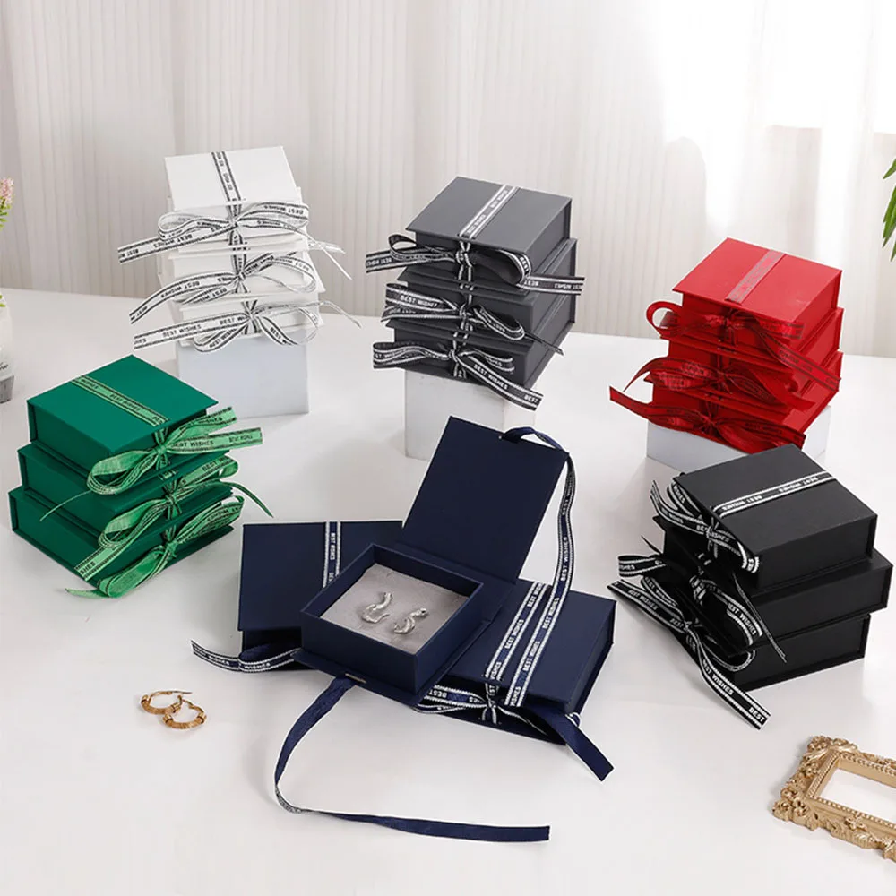 12pcs Fashion Popular Flip Paper Boxes with Ribbon Inside Package Jewelry Case Birthday Wedding Festival Event Gift Decoration