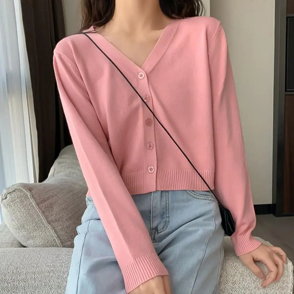 3/4 Sleeve Cropped Short Cardigans Sweater Women Solid Casual Button Down Long Sleeve Coat Autumn Knit Tops Pull Femme