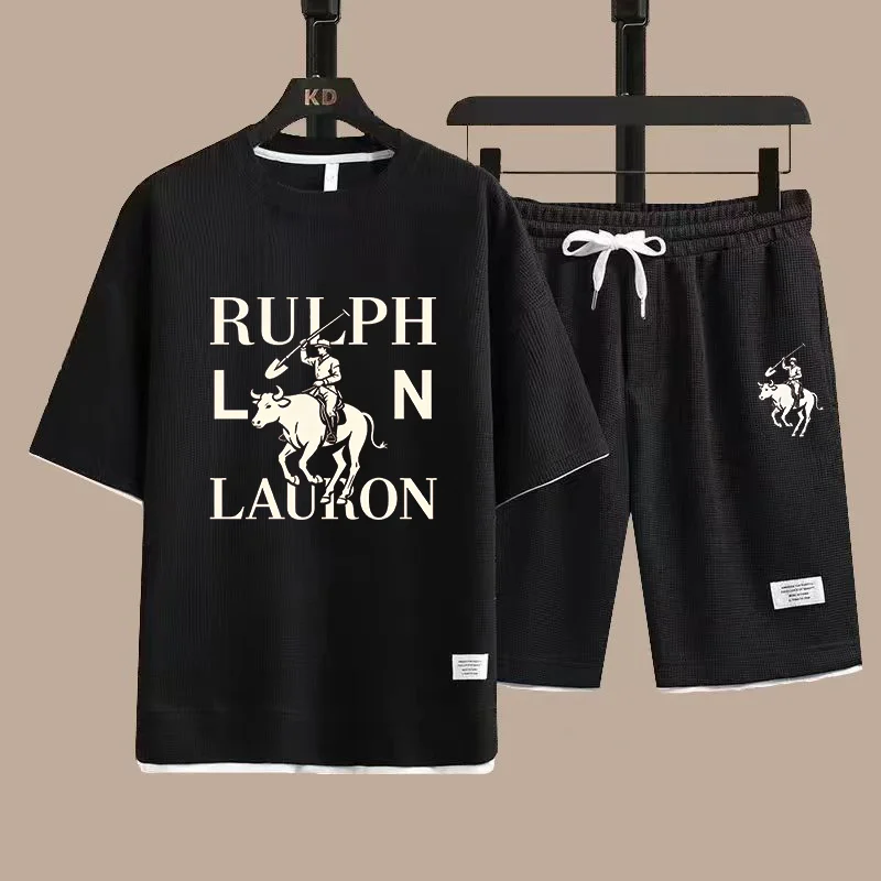 

2025 Новая летняя дышащая мужская футболка с короткими рукавами и шорты, комплект из двух предметов, модный пляжный повседневный мужской костюм для улицы