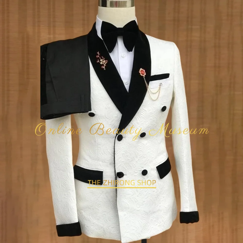 

Elegant White Jacquard Wedding Suits for Men With Black Velvet Lapel Blazer Pants Set Dinner Banquet Prom Party Custom Tuxedo