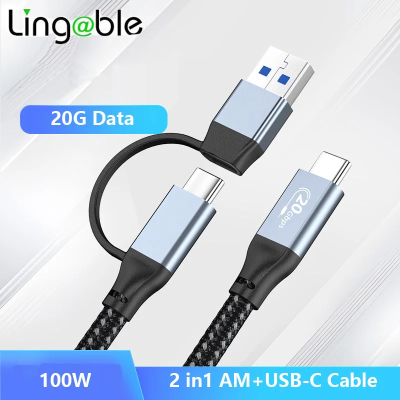 Lingable USB 3.2 GEN 2X2 Type C Cable USB-C + USB A to USB C 2 in 1 Data Sync Fast Charging Cord Line with 100W 20G 4K@60Hz