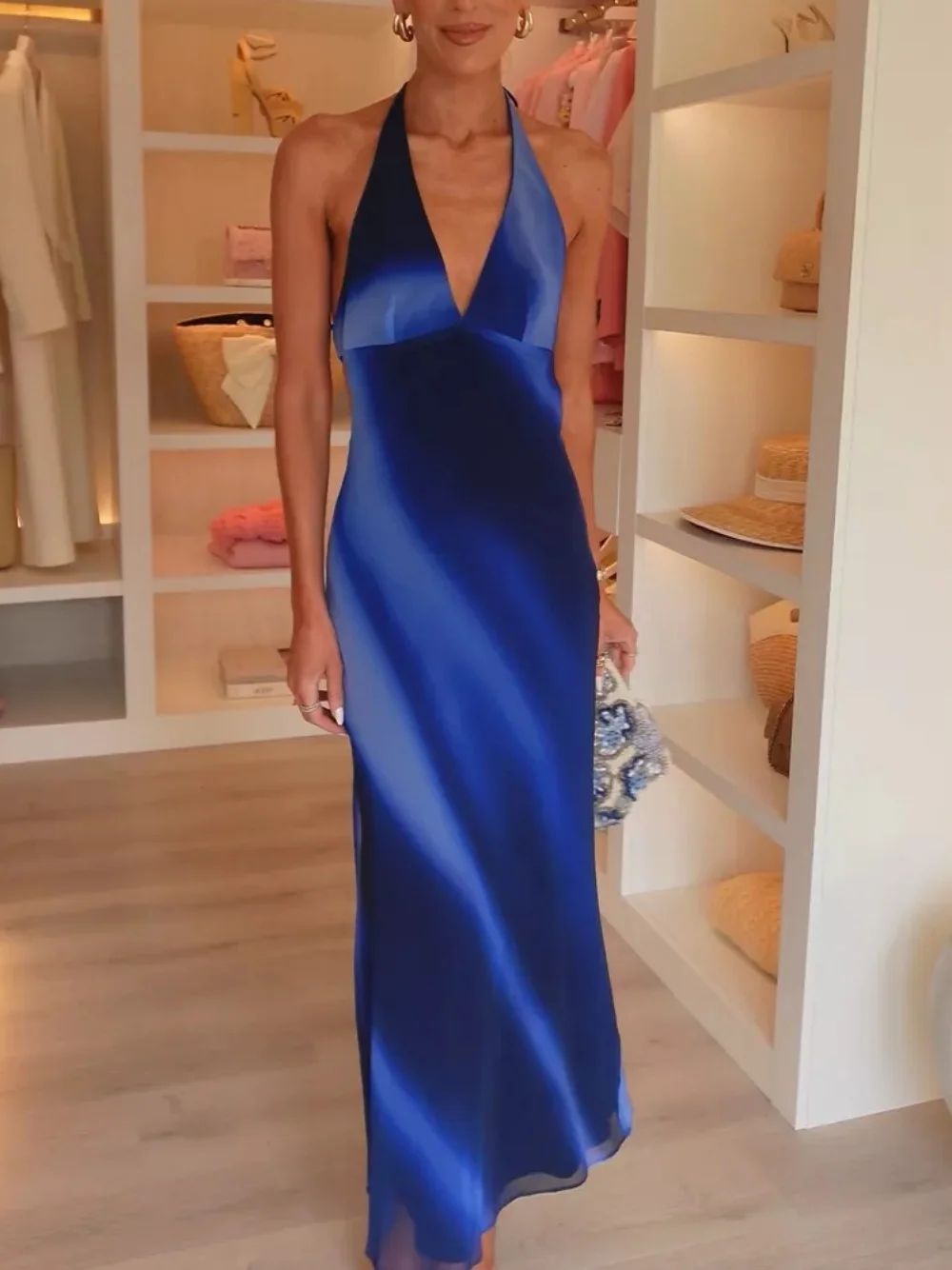 

2025 Summer New Women's Dress Fashion Print Tied Halter Elegant Long Dresses For Women Backless Sexy Evening Party Dresses