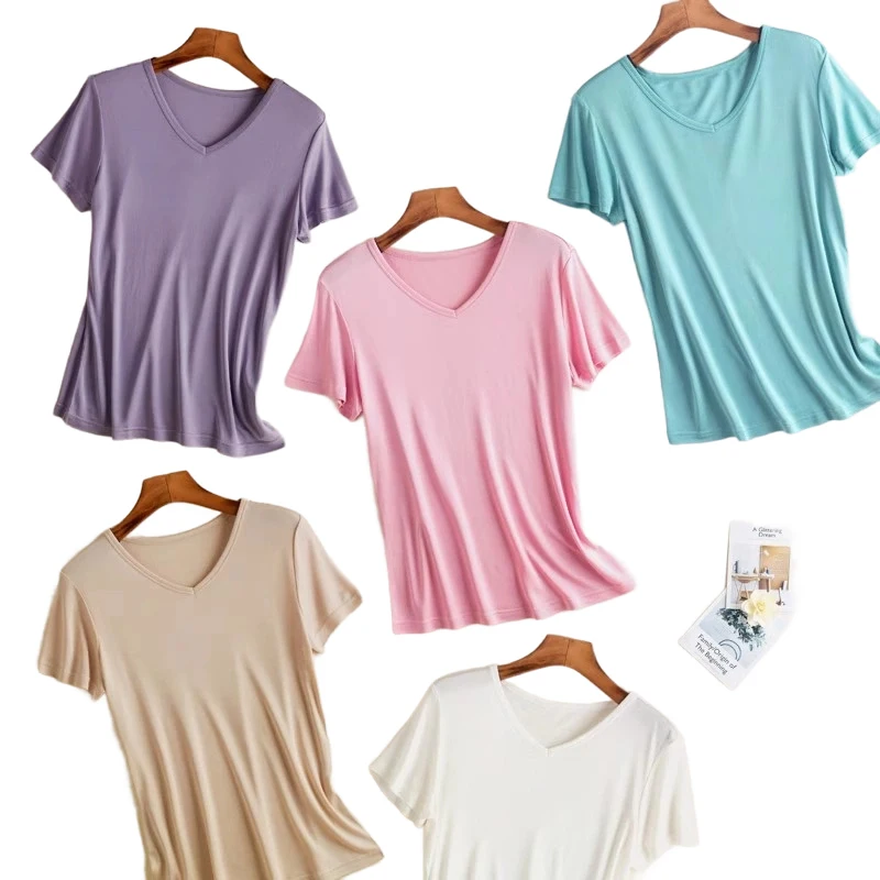 Summer T Shirts for Women 23% Mulberry Silk V-Neck Casual Basic Tees Short Sleeve Comfy Loose Fit Tee Tops Blouse