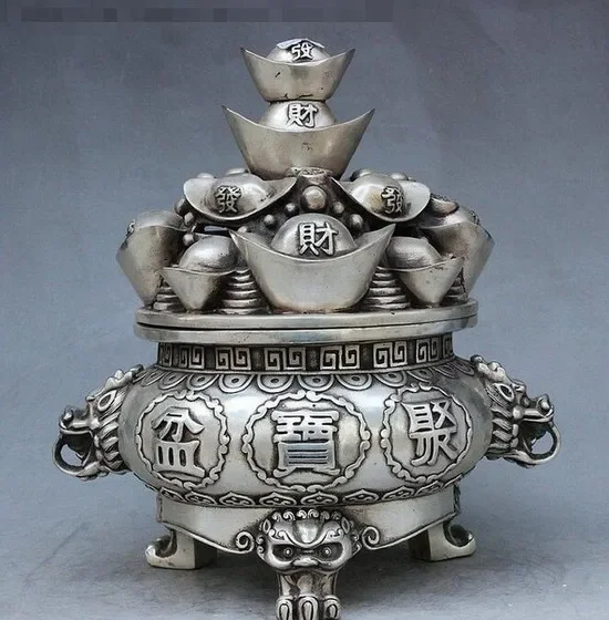 China Buddhism Silver Wealth YuanBao treasure Bowl Incense Burner Censer Statue