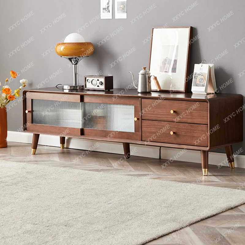 

Solid Wood TV Cabinet and Tea Table Combination Modern Minimalist Sitting Room Cabinet Small Apartment Walnut Color TV Stand