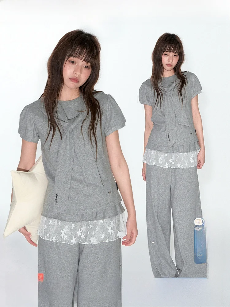 

TAKEANAP Original Navy Collar T-irt Women's ort Sve Bubble Sve Waist Cinched Top Sweet College Sle Summer Cotton