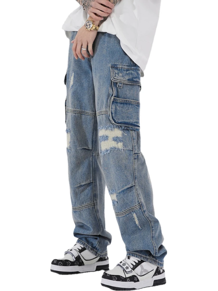 

Men's Baggy Jeans Side Big Pocket Distressed Ripped Denim Jean Straight Pants High Street Cargo Jean Pants Hip Hop Joggers Jeans