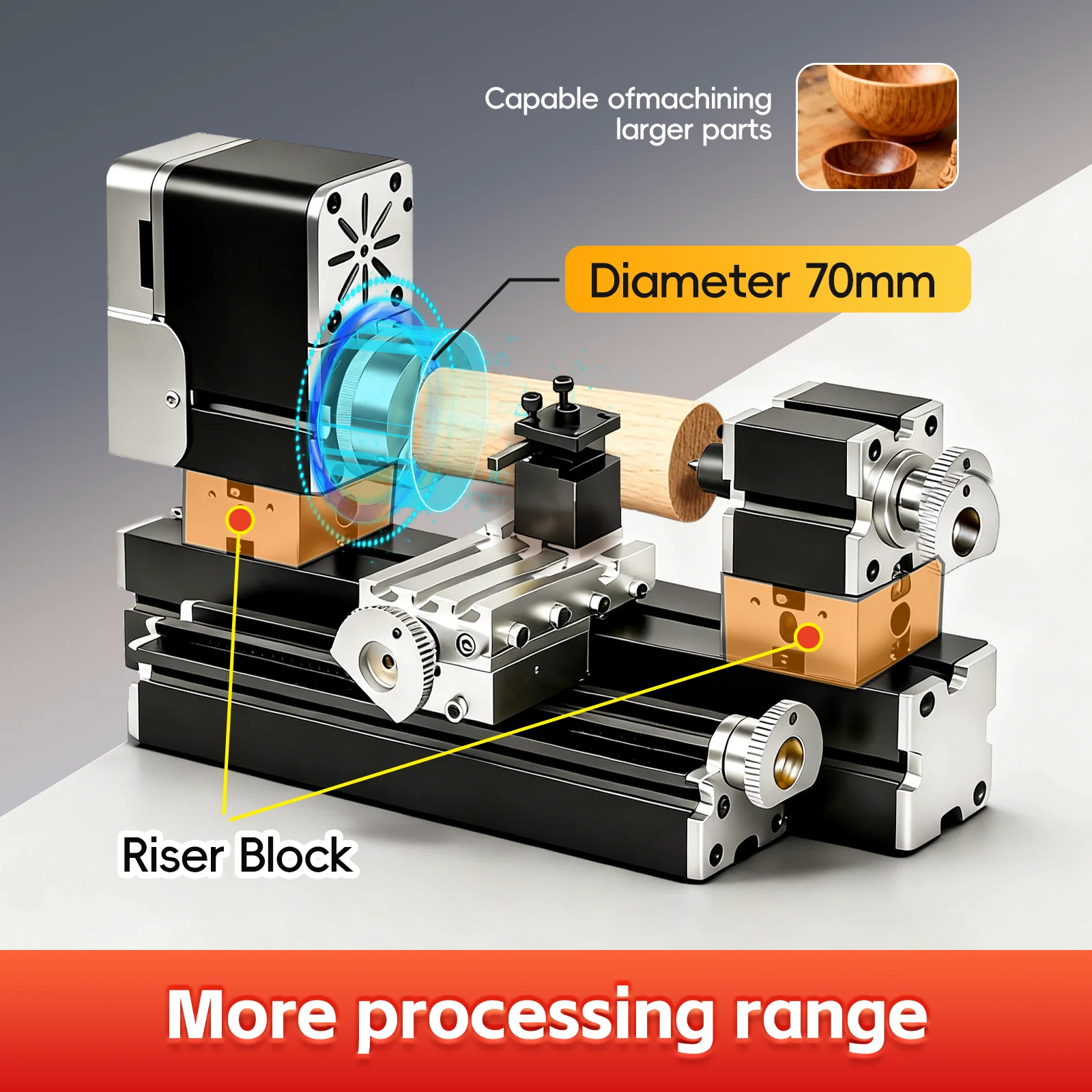 60W 20000RPM Elevated Mini Lathe, All-Metal 0.02mm Precision Lathe Machine for Wood & Soft Metal (Aluminum, Copper) Turning, DIY