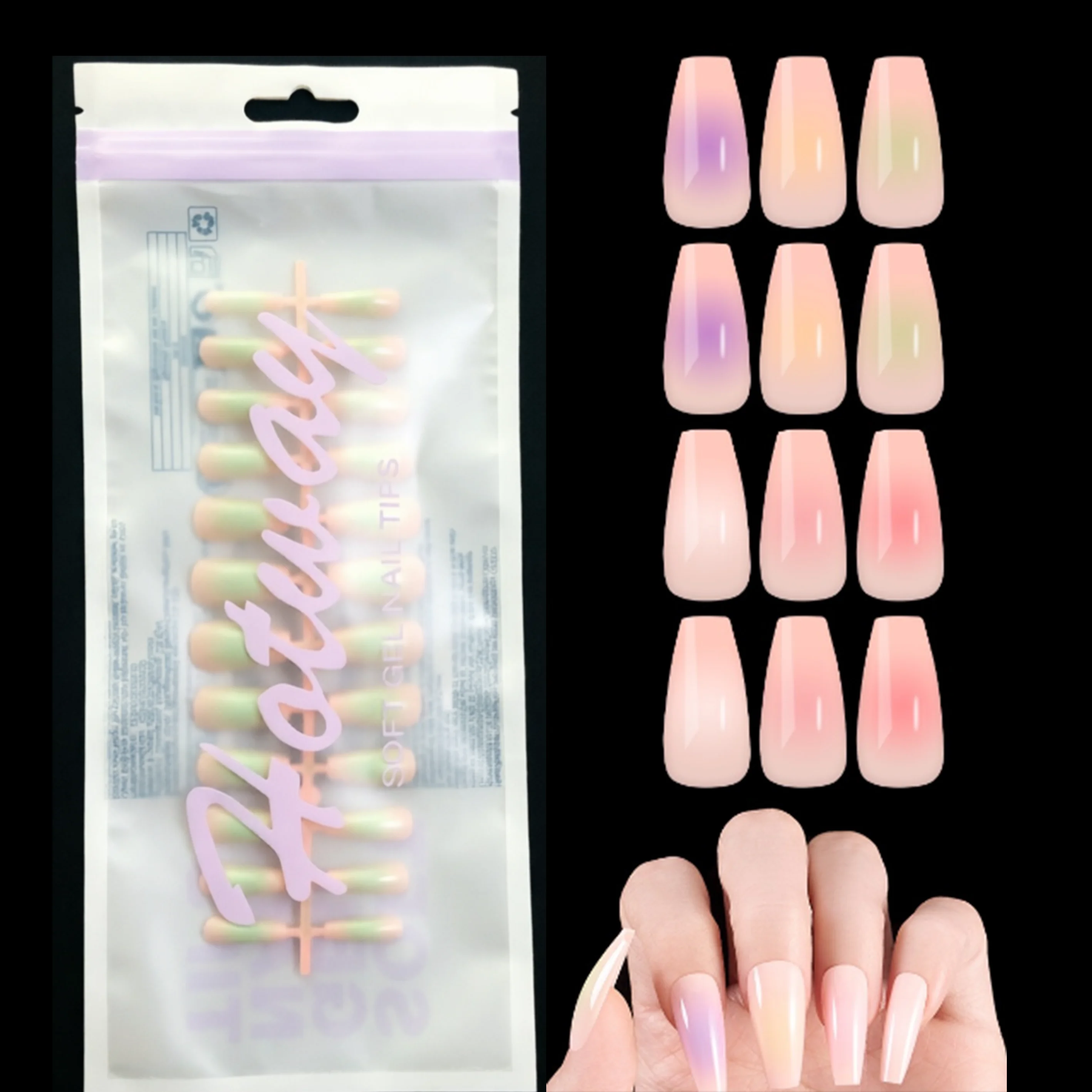 24 Stück französische, nahtlose, tragbare Nägel mit Farbverlauf, mittelgroße Sargform, abnehmbare künstliche Nägel für Nagelkunst, geeignet für F
