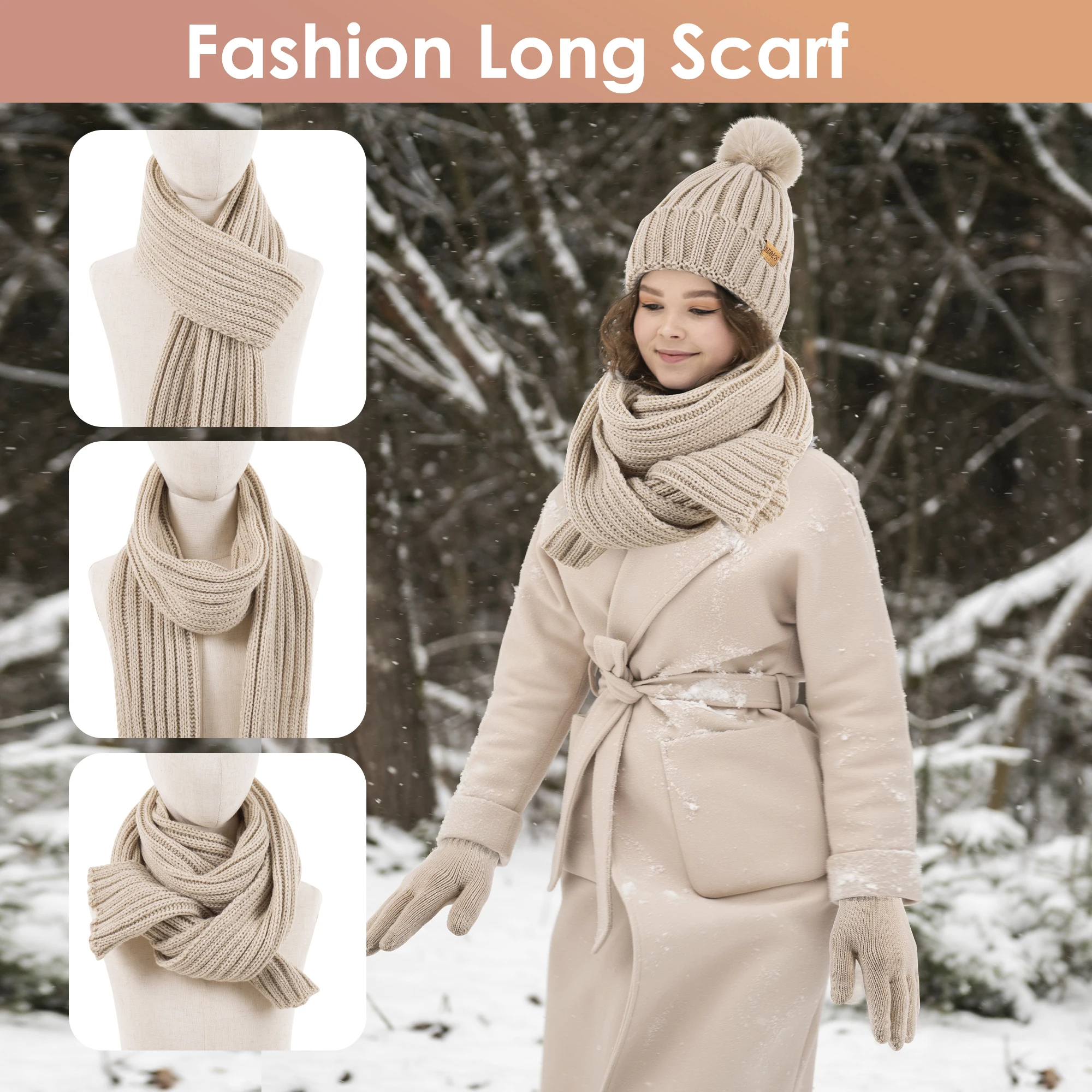 Winter Beanie Hat Scarf Gloves Set for Women，Womens Beanie with Pom Pom Long Scarf Neck Warmer Touchscreen Gloves 3 in 1 Set