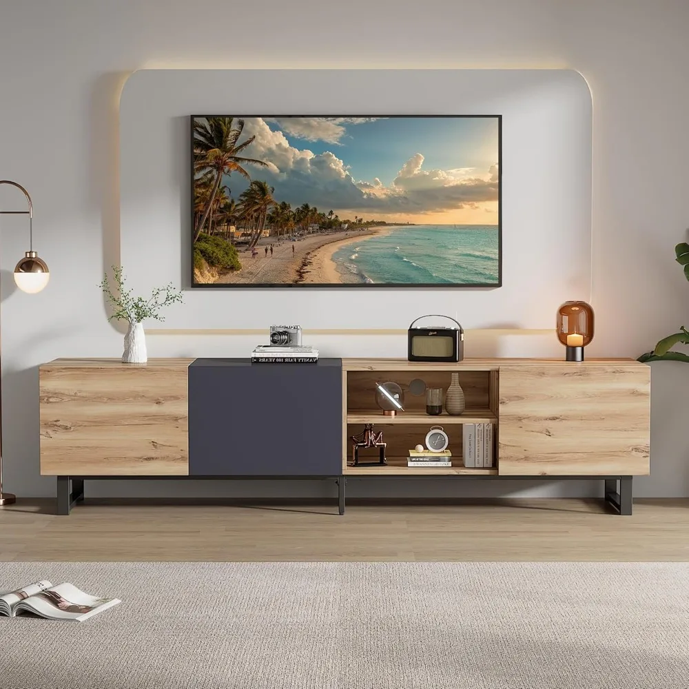 

Modern TV Stand for TVs up to 80 Inches, 70" Large Entertainment Center with 3 Cabinets & Open Shelves, Wood & Metal Media Cons