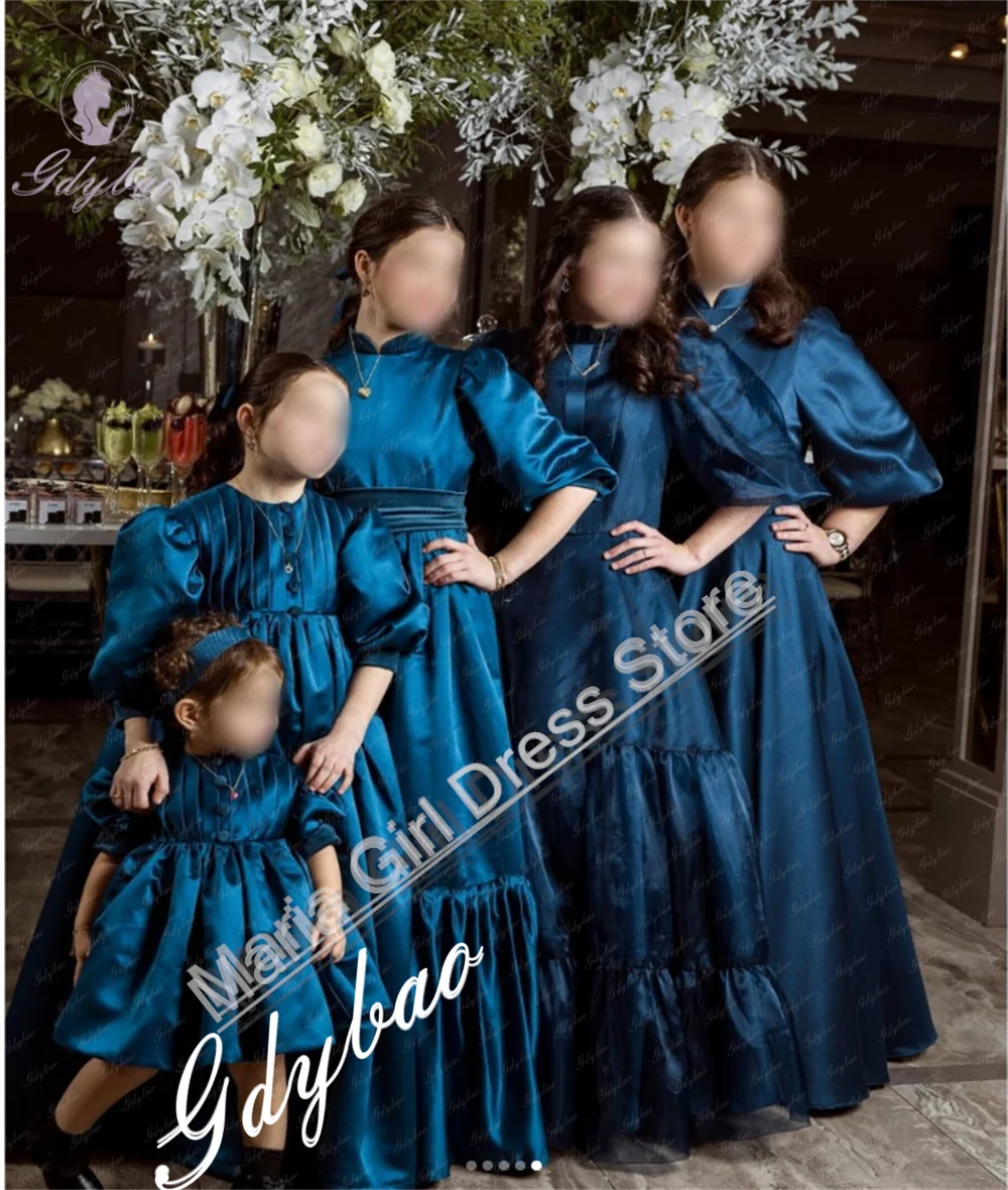 

Satin High Neck Flower Girl Dresses for Wedding Teen Gown Toddler Ruffles Pageant Puff Sleeves First Communion Baptism Wedding