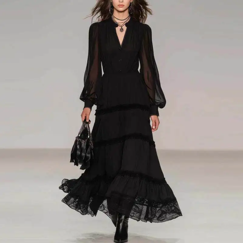 

Elegant Long Sleeve V-Neck Spliced Tulle Dress High Waist Asymmetrical Skirt European Style Women's Fashion City Commute