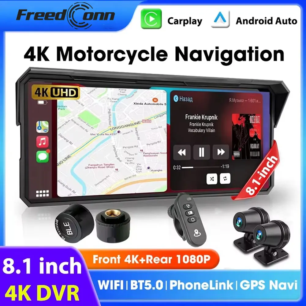 

Freedconn Motorcycle Navigation GPS DVR Carplay Android Auto Portable 8.1 inch IP67 Waterproof Wireless Moto Recorder Monitor