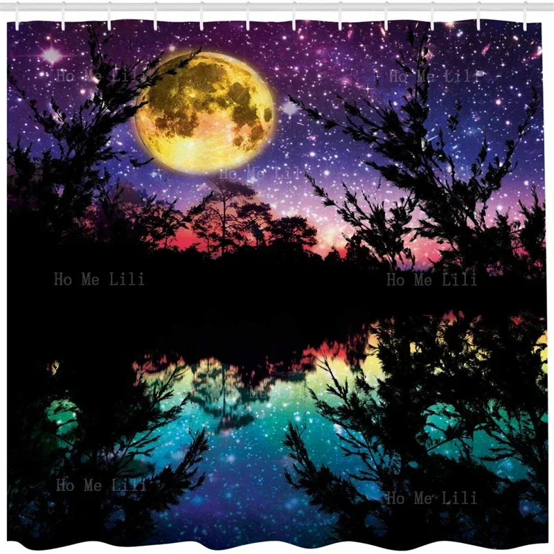 Purple Lake Moonlight Stars Night Sky With Trees Boho Funny Cactus Forest Print Polyester Fabric Shower Curtain Hooks Included