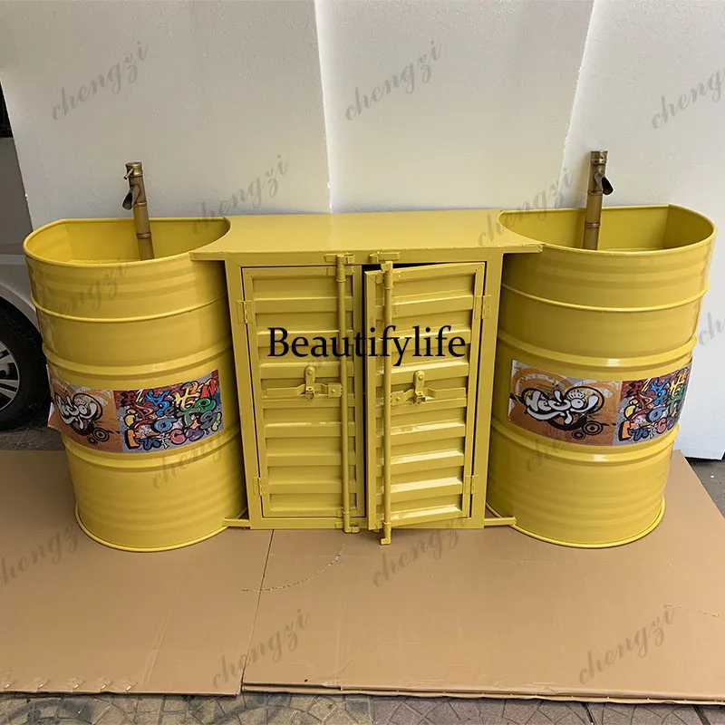 Retro industrial wind semi-round oil drum wash table bar creative personality floor type integrated combination