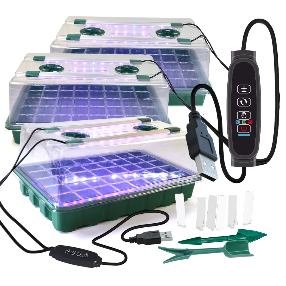 Seed Starter Tray with 2 Long Strip Grow Light 40/80 Cells Seed Starter Kit with Humidity Dome for Home Gardene Plants Cultivate