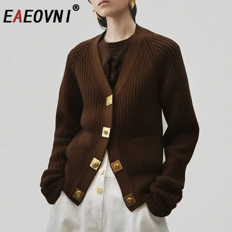 

EAEOVNI 2025 Autumn And Winter New Sweater Women Knitted Fashion V Neck Solid Color Button Design Tops Casual Clothing